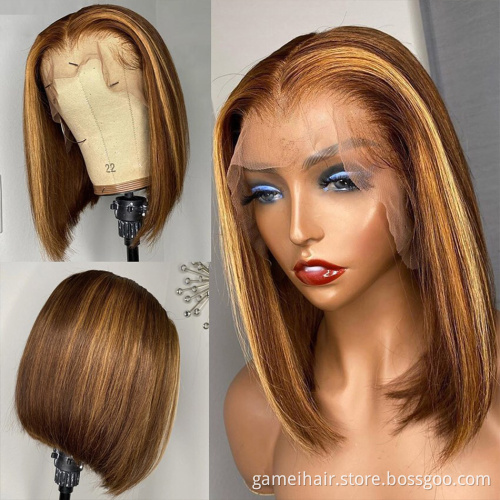 wholesale raw Indian virgin hair vendors  lace front high quality highlight 1B honey brown color straight bob human hair wigs